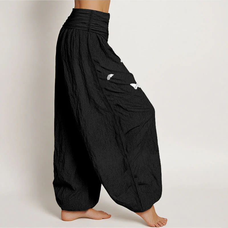 Buddha Stones Pure Cotton Elegant Butterfly Dandelion Pattern Women's Elastic Waist Harem Pants