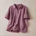 Buddha Stones Casual Floral Pattern Lapel Women's Cotton T-shirt