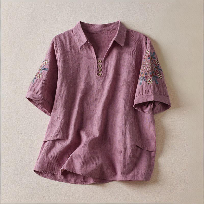 Buddha Stones Casual Floral Pattern Lapel Women's Cotton T-shirt