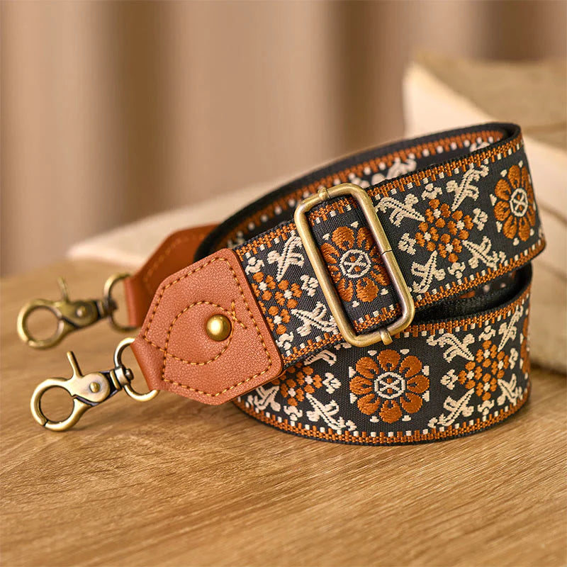Buddha Stones Brown Flower Jacquard Adjustable Handbags Crossbody Shoulder Bag Straps