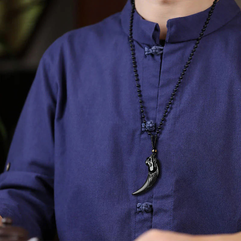 Buddha Stones Natural Black Jade Chinese Zodiac Dragon Tooth Pattern Protection Necklace Pendant