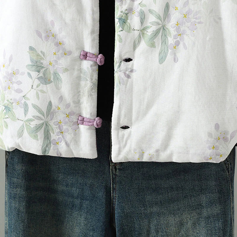 Buddha Stones Women's Purple Flower Leaves Frog-Button Design Long Sleeve Thermal Jacket