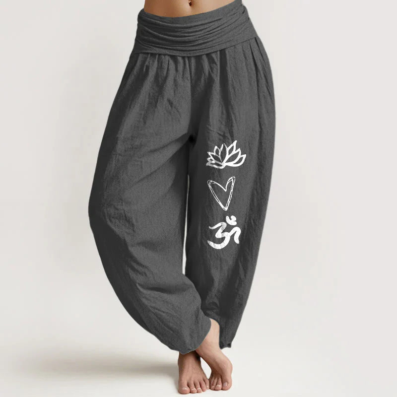 Buddha Stones Pure Cotton Lotus Heart Shape Om Symbol Pattern Women's Elastic Waist Harem Pants