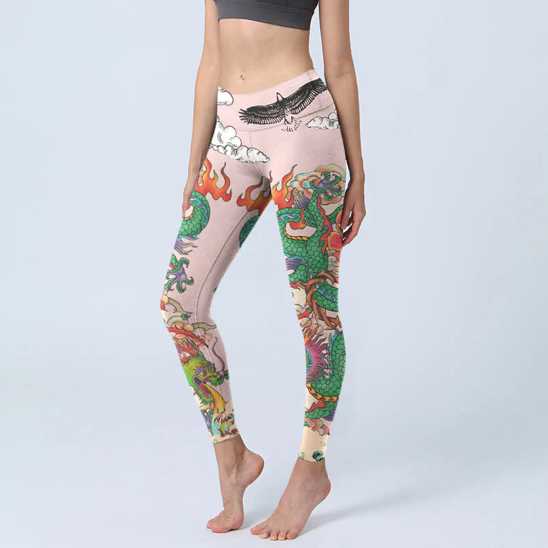 Buddha Stones Dragon Rose Eagle Waves Auspicious Clouds Pattern Gym Leggings Women's Yoga Pants