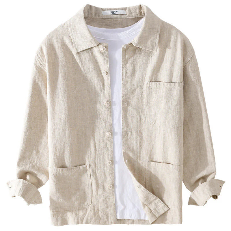 Buddha Stones Commute Fall Solid Color Lapel Men's Long Sleeve Cotton Linen Shirt With Pocket