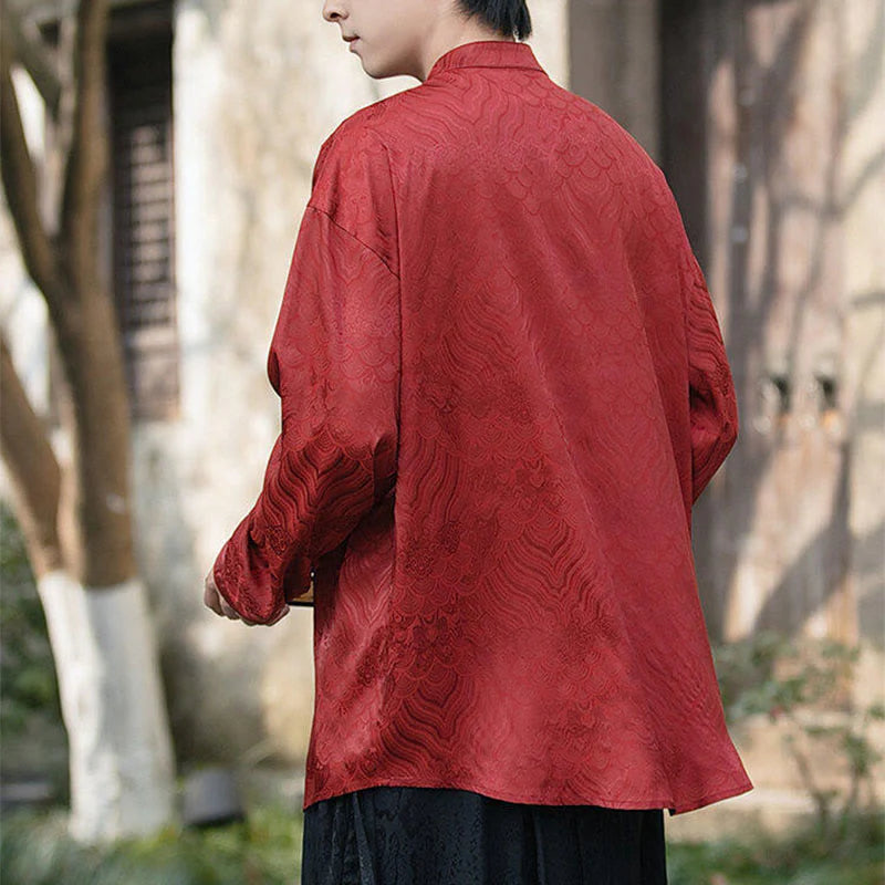 Buddha Stones Chinese Frog-Button Bamboo Shape Design Stand Collar Men's Long Sleeve Shirt