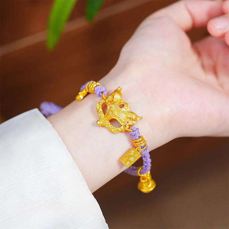 Buddha Stones 24k Gold Plated Brass Fox Bell Charm Fu Character Woven Purple String Luck Bracelet