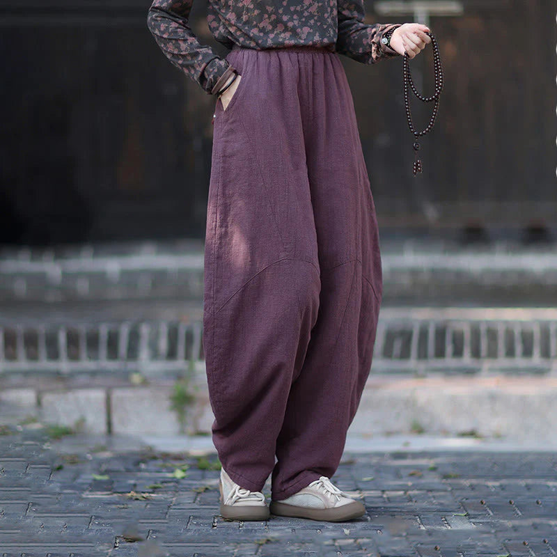 Buddha Stones Winter Elastic Waist Ramie Cotton Thermal Women's Pants With Pockets