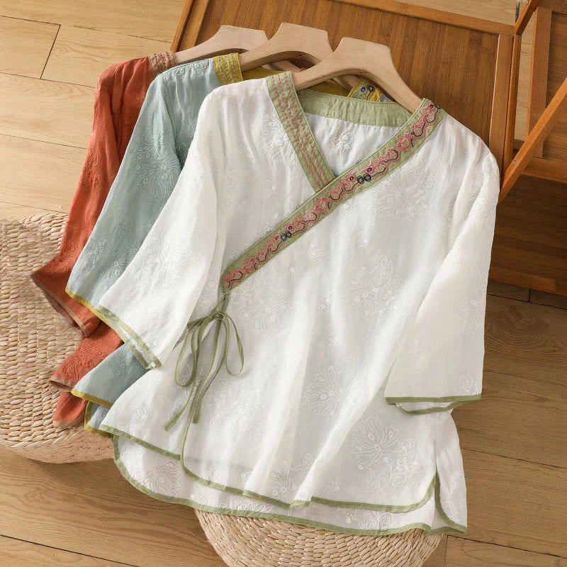 Buddha Stones Summer Vintage Embroidery Plant Floral Lace-Up Design V-Neck Women's Cotton Linen Shirt