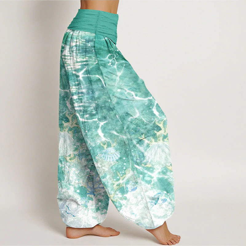 Buddha Stones Cotton Lively Ocean Seashells Coral Pattern Women's Elastic Waist Harem Pants