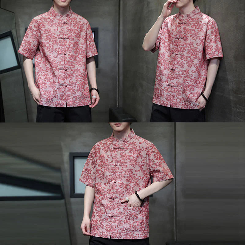 Buddha Stones Summer Floral Vine Pattern Tang Suit Men's Frog-Button Short Sleeve Shirt With Pockets