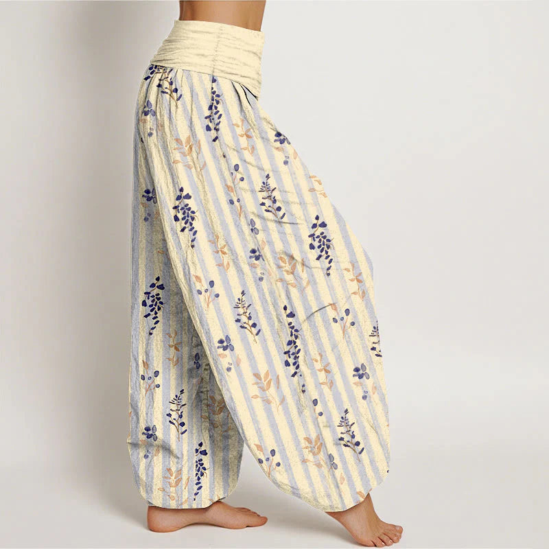 Buddha Stones Cotton Softly Colored Leaf Striped Pattern Women's Elastic Waist Harem Pants
