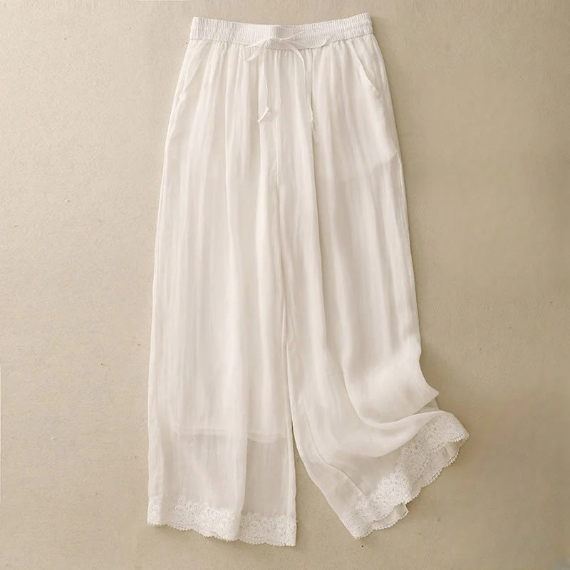 Buddha Stones Causal Vintage Plain Drawstring Lace Patchwork Design Women's Wide Leg Cotton Elastic Waistband Pants With Pockets
