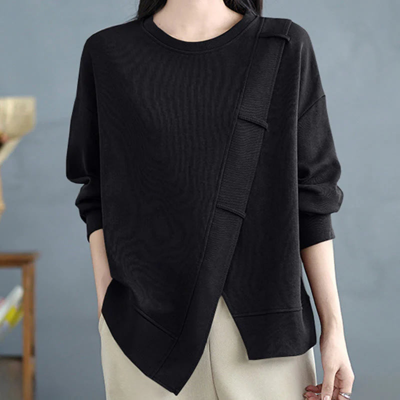 Buddha Stones Fall Solid Color Asymmetrical Design Crew Neck Long Sleeve Women's Cotton Sweatshirt