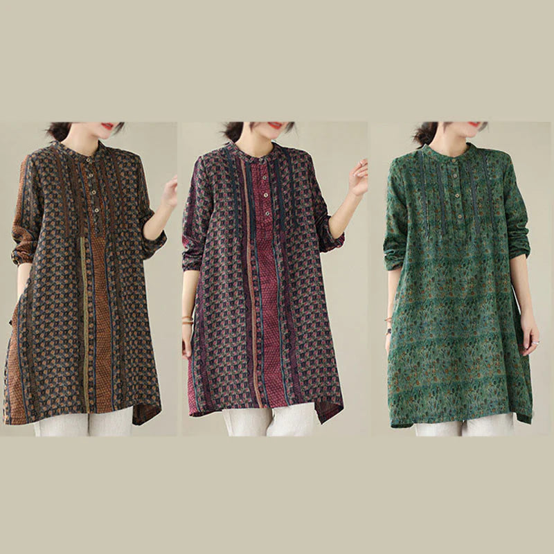 Buddha Stones Retro Printed Floral Women's Accordion Pleats Design Long Sleeve Shirt With Pockets
