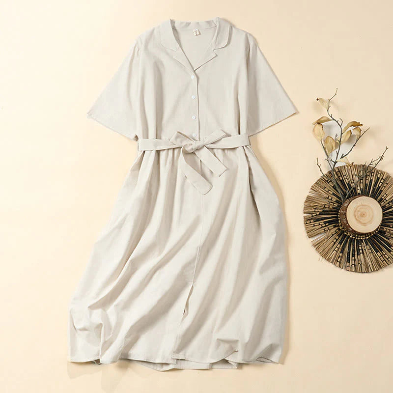 Buddha Stones Summer Solid Color Lace-up A-line Design Short Sleeve Midi Dress With Pockets