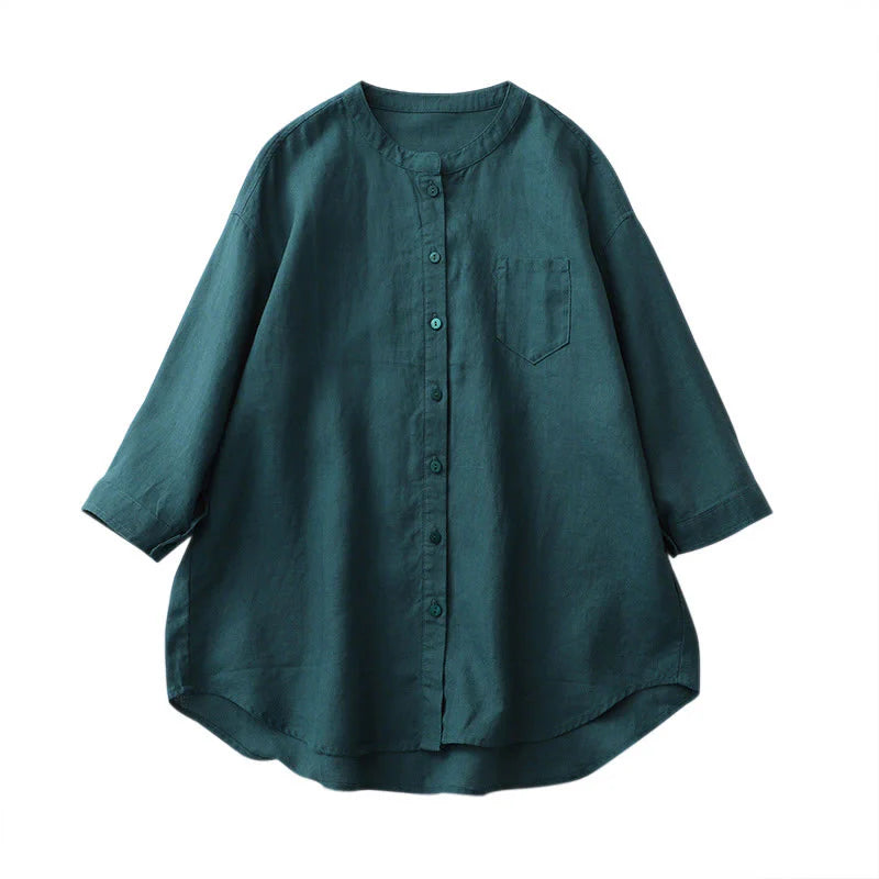 Buddha Stones Solid Color Button Three Quarter Sleeve Shirt