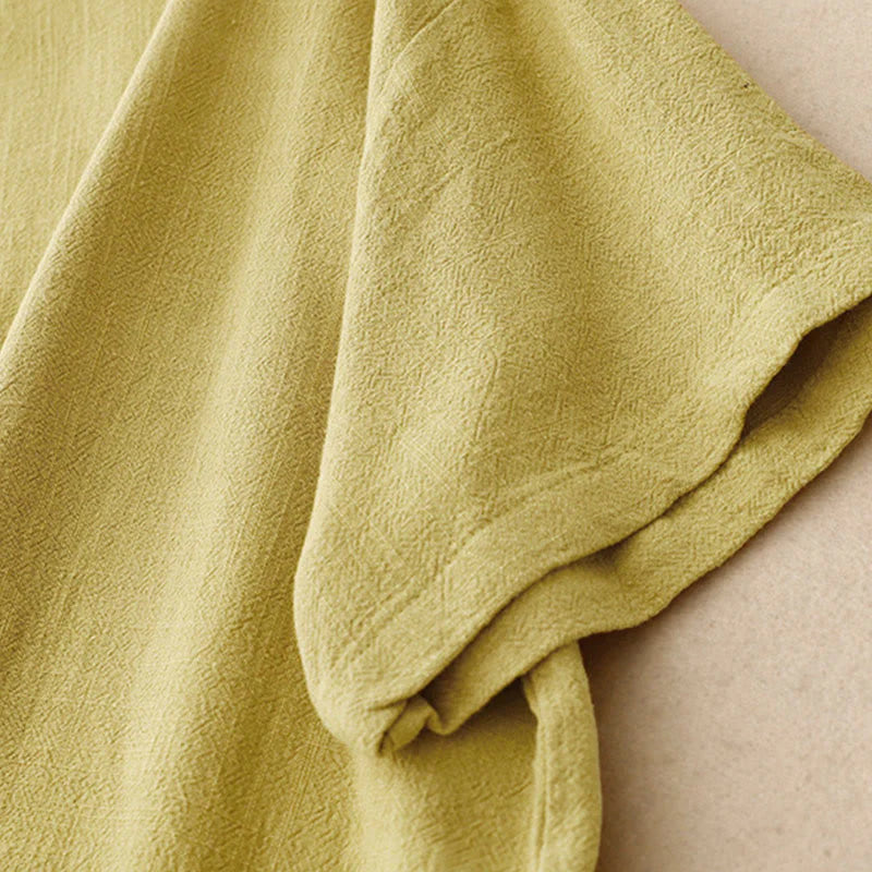 Buddha Stones Colorblock Side Slit  Frog-Button Cotton Linen Half Sleeve Women's Shirt With Pockets