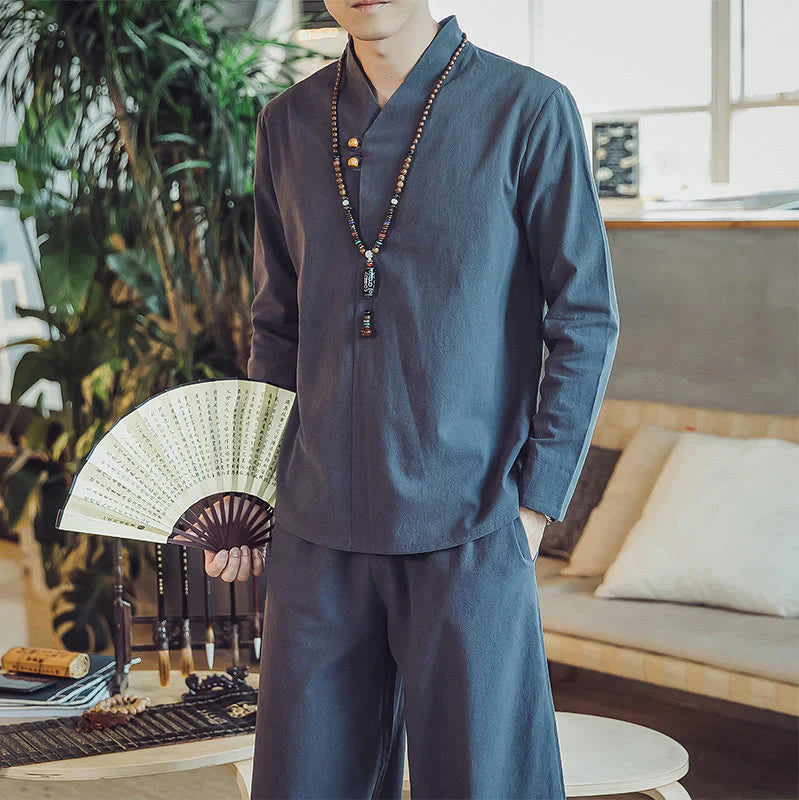 Buddha Stones 2Pcs Shirt Ankle-Length Pants With Pockets Men's Meditation Cloth Set