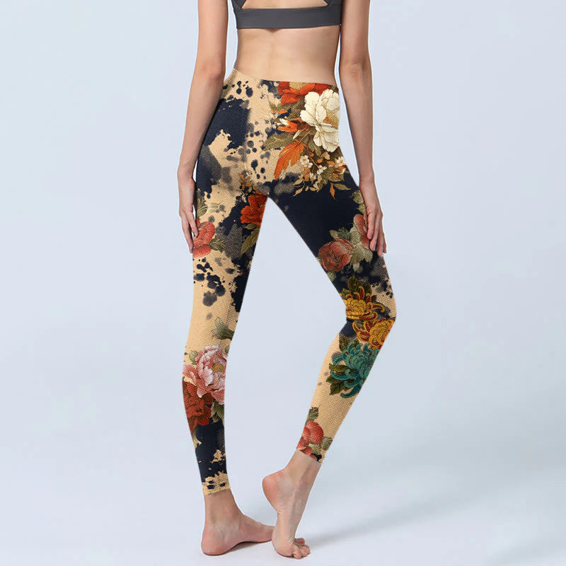 Buddha Stones Ink Painting Style Peony Chrysanthemums Pattern Print Gym Leggings Women's Yoga Pants