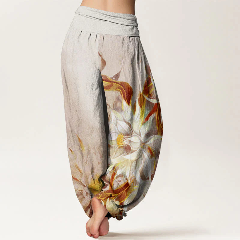 Buddha Stones Cotton Epiphyllum Flowers Design Women's Elastic Waist Harem Pants