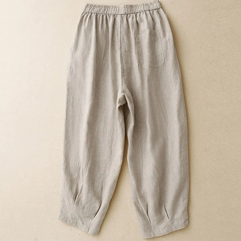 Buddha Stones Summer Frog-Button Lace High Waist Women's Cotton Linen Pants With Pockets