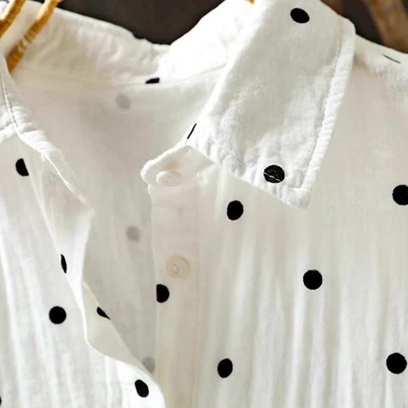 Buddha Stones Women's Commute Short Sleeve Polka Dot Lapel Cotton Shirt With Pockets