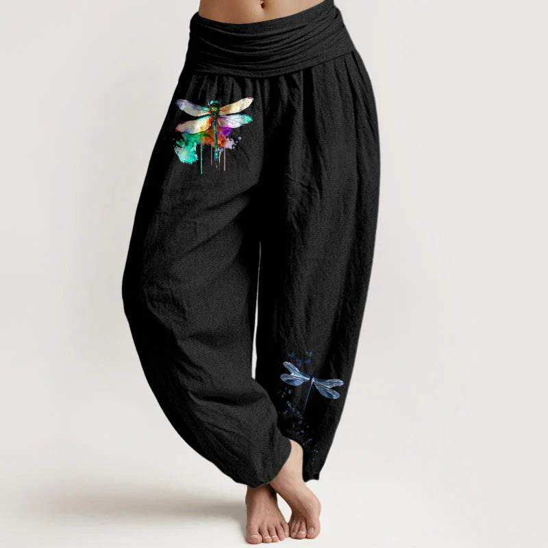 Buddha Stones Pure Cotton Dreamy Dragonfly Pattern Women's Elastic Waist Harem Pants