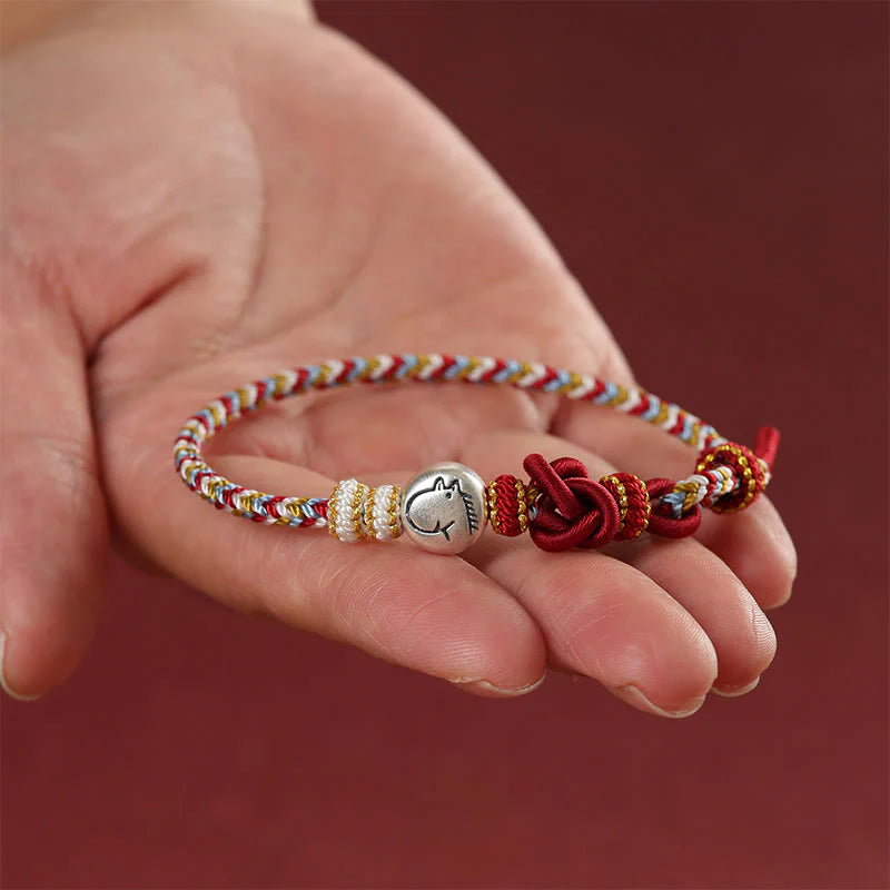 Buddha Stones Year of the Horse 999 Sterling Silver Dunhuang Color String Braided Luck Bracelet
