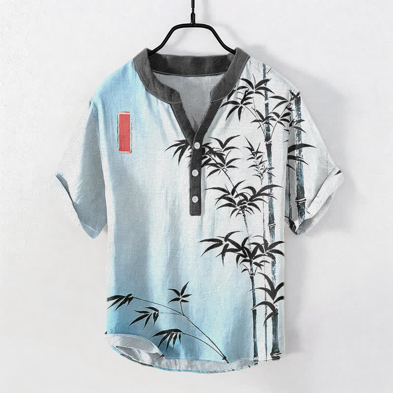 Buddha Stones Cotton Bamboo Emblem Men's Short Sleeve Half Button Shirt