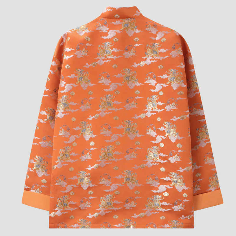 Buddha Stones Orange Kirin Auspicious Clouds Frog-Button Long Sleeve Men's Jacket With Pockets