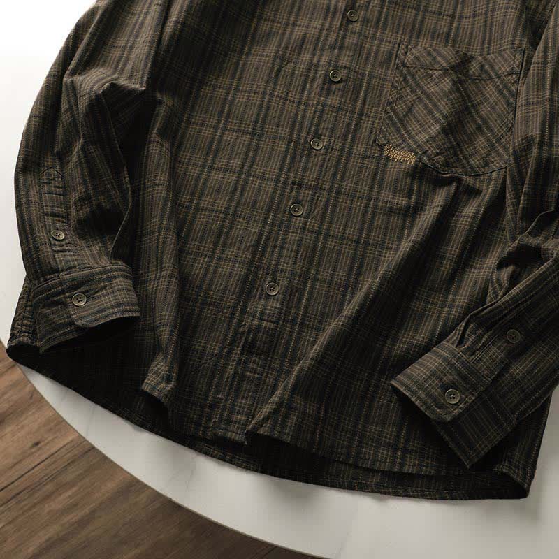 Buddha Stones Fall Commute Embroidery Plaid Pattern Men's Cotton Long Sleeve Shirts With Pocket