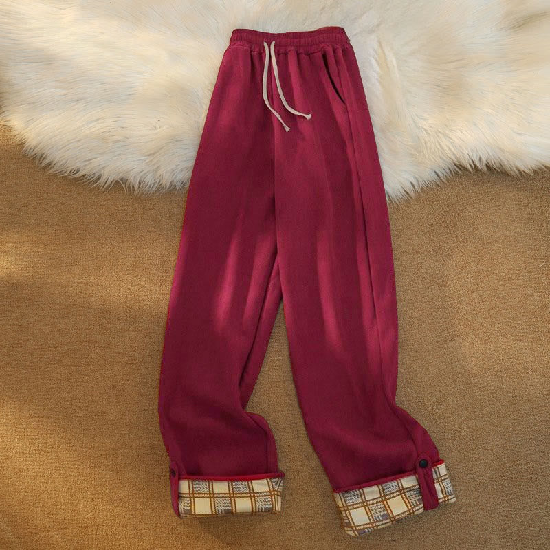 Buddha Stones Women's Patchwork Cotton Corduroy Fleece-Lined Wide Leg Pants With Pockets