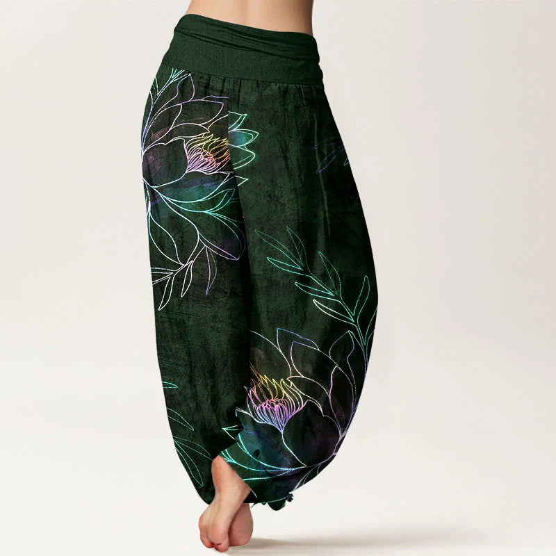 Buddha Stones Cotton Neon Lotus Branches Pattern Women's Elastic Waist Harem Pants
