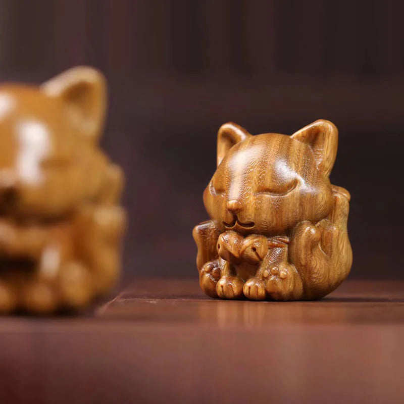 Buddha Stones Mini Nine Tailed Fox Ivory Fruit Sandalwood Green Sandalwood Blessing Decoration