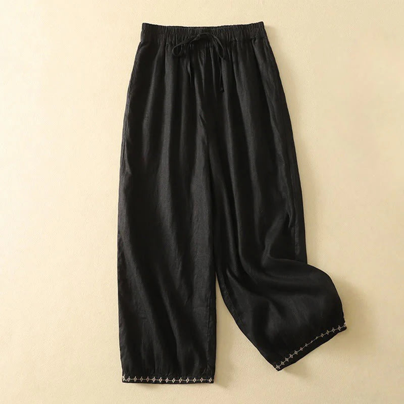 Buddha Stones Casual Retro Drawstring Embroidery Design Women's Cotton Linen 7-8 Length Pants With Pockets