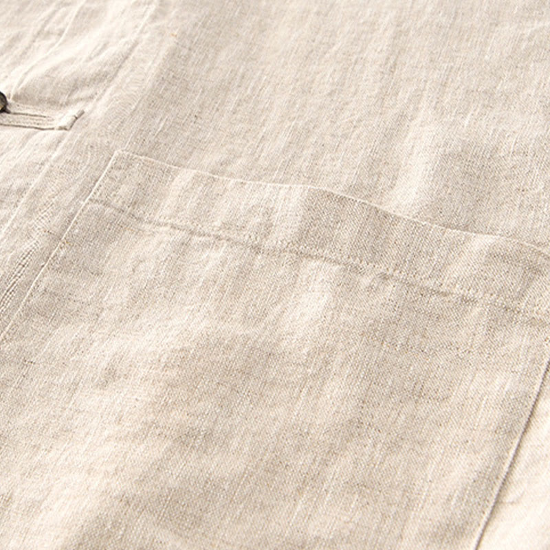 Buddha Stones Solid Color Buttons Men's Short Sleeve Linen Shirt With Pockets