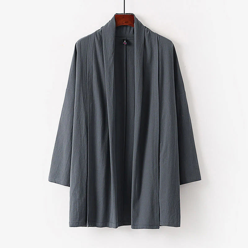 Buddha Stones Spring Fall Solid Color Long Sleeve Mid-length Open Front Men's Kimono
