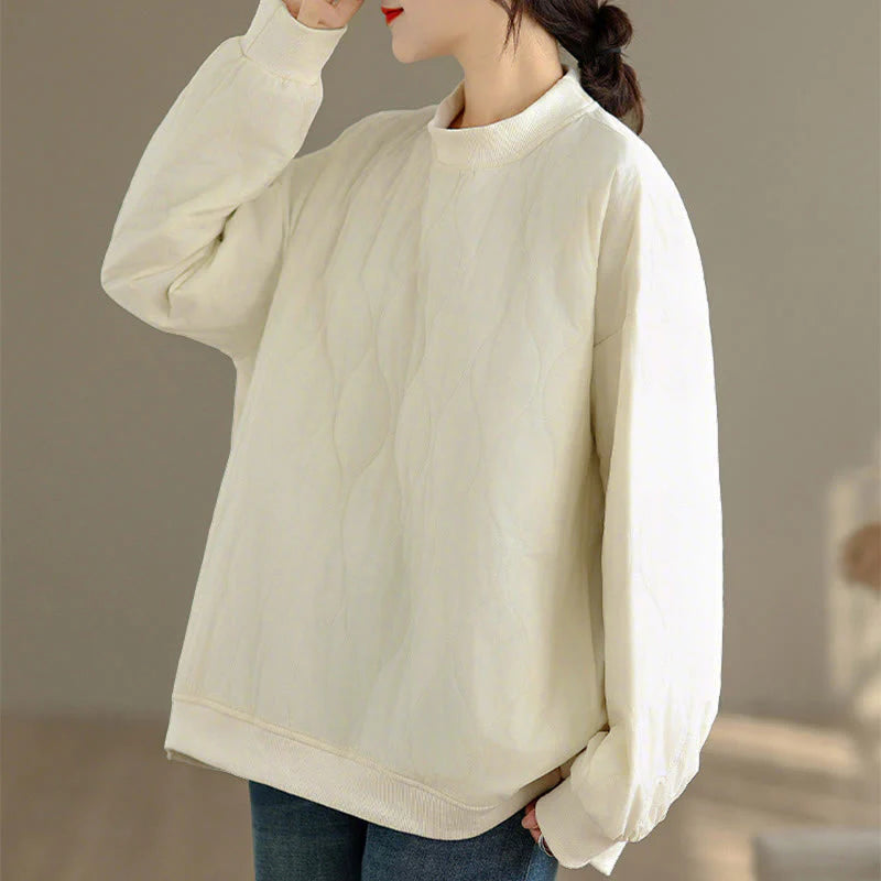 Buddha Stones Fall Solid Curved design Crew Neck Long Sleeve Women's Cotton Sweatshirt With Pockets