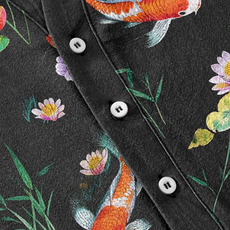 Buddha Stones Cotton Koi Fish Lotus Pattern Men's Short Sleeve Half Button Shirt