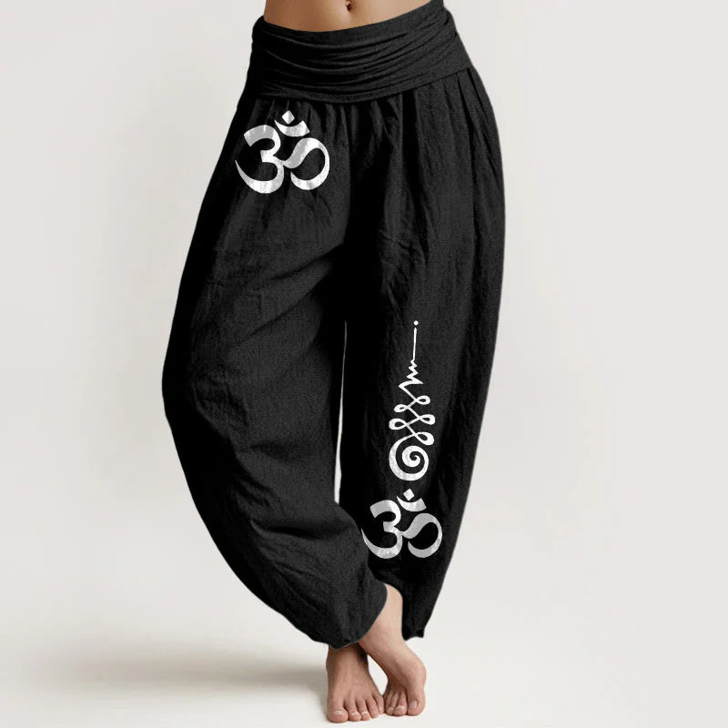 Buddha Stones Cotton Calm OM Energy Lines Pattern Women's Elastic Waist Harem Pants