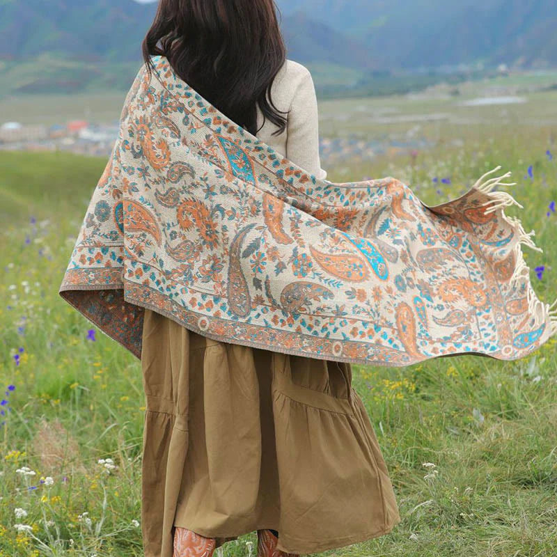 Buddha Stones Ethnic Embroidered Paisley Flowers Pattern Tassel Soft Scarf Shawl