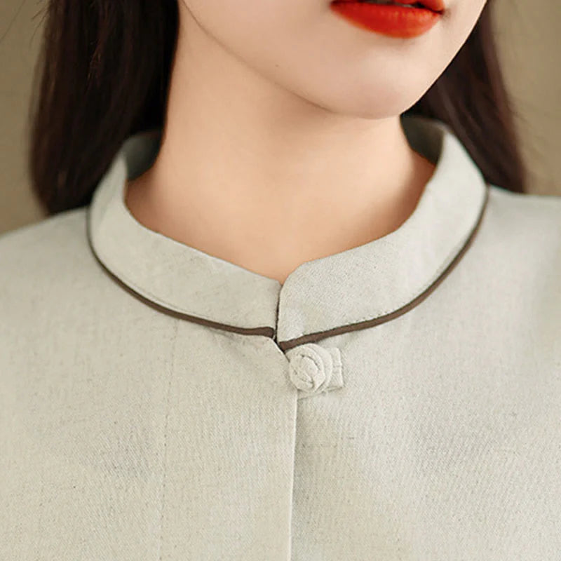 Buddha Stones Commute Embroidery Floral Pattern Three Quarter Sleeve Women's Cotton Shirt With Pockets