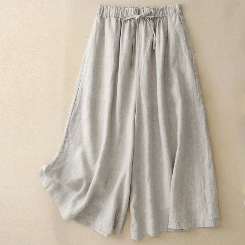 Buddha Stones Summer Elastic Waist Women's Capri Cropped Wide Leg Pants With Pockets