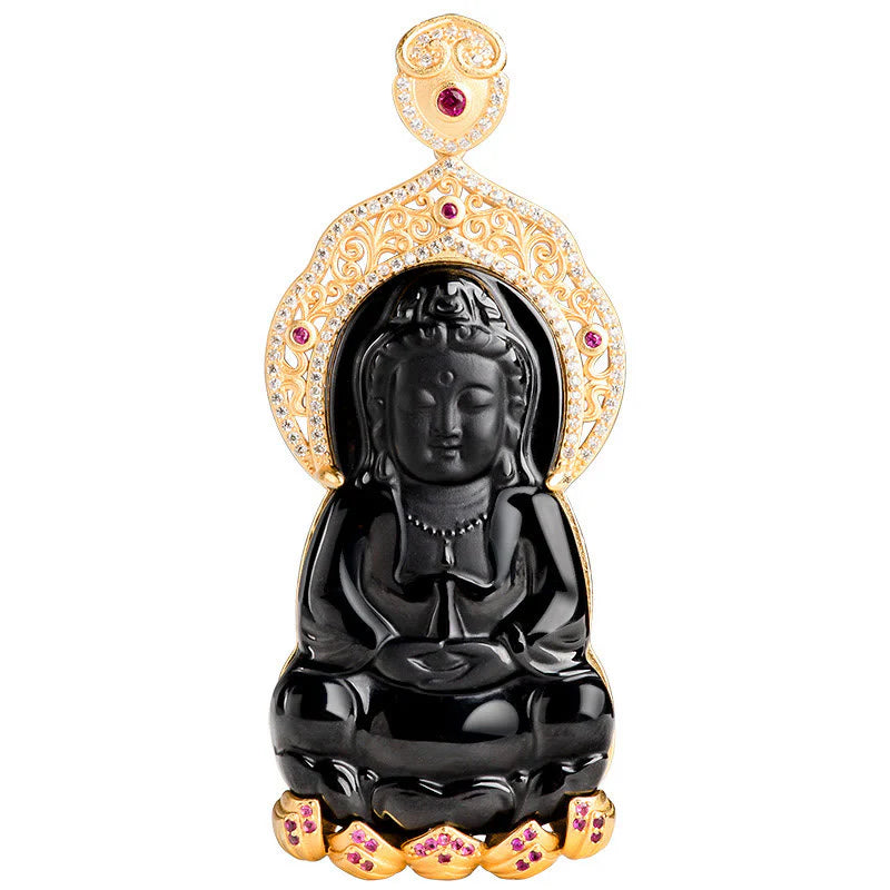 Buddha Stones Natural Black Jade Kwan Yin Avalokitesvara Wealth Titanium Steel Chain Necklace Pendant