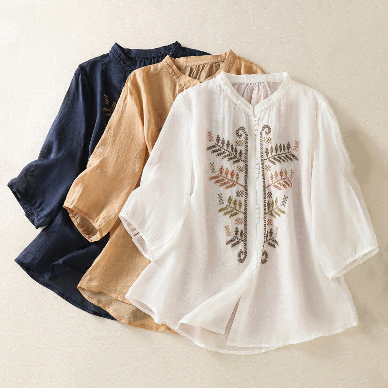 Buddha Stones Casual Artistic Embroidery Leaves Pattern Women's Cotton Linen Three Quarter Sleeve Shirt Cardigan