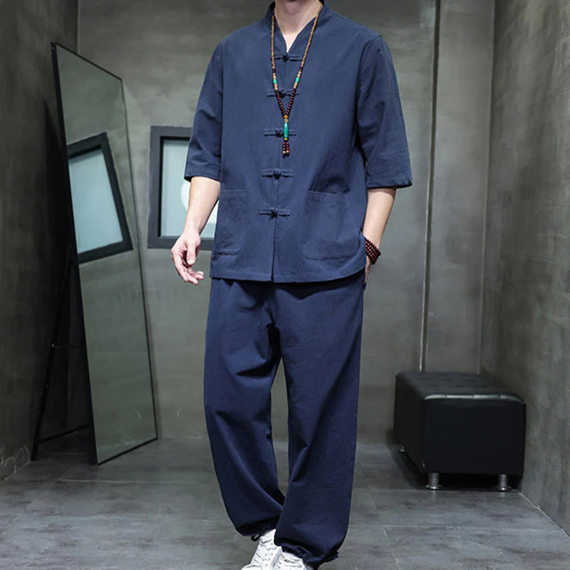 Buddha Stones 2Pcs Tang Suit Frog-Button Design Shirt Pants With Pockets Men's Cotton Linen Meditation Cloth Set