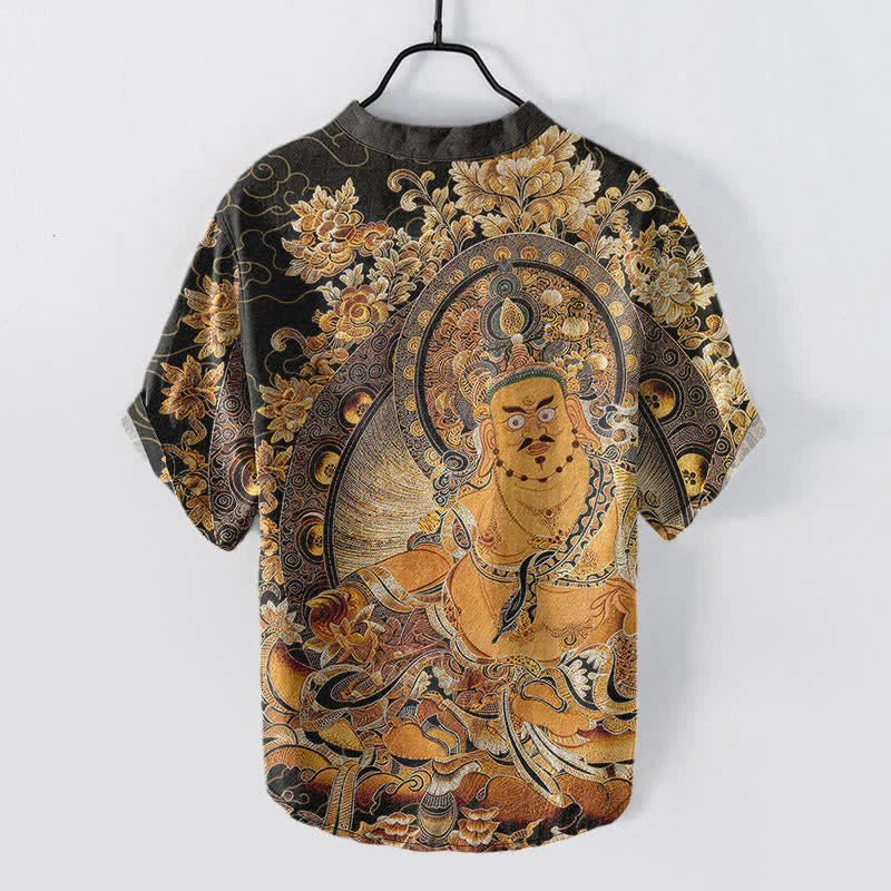 Buddha Stones Cotton Gold Buddha Floral Print Men's Short Sleeve Half Button Shirt