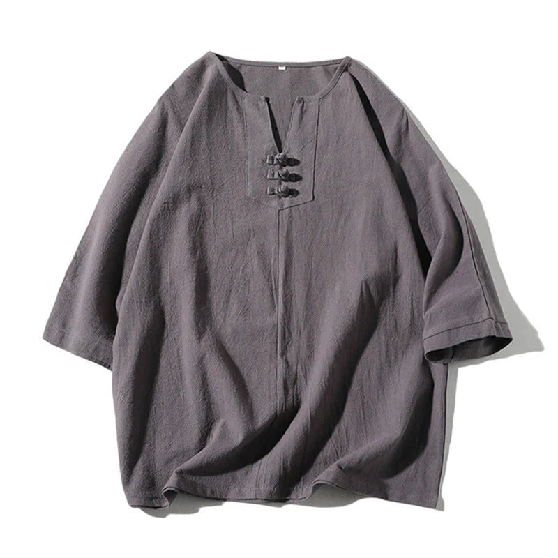 Buddha Stones 2Pcs Plain Notched Collar T-Shirt 7-8 Length Wide Leg Shorts With Pockets Cotton Linen Men's Meditation Cloth Set