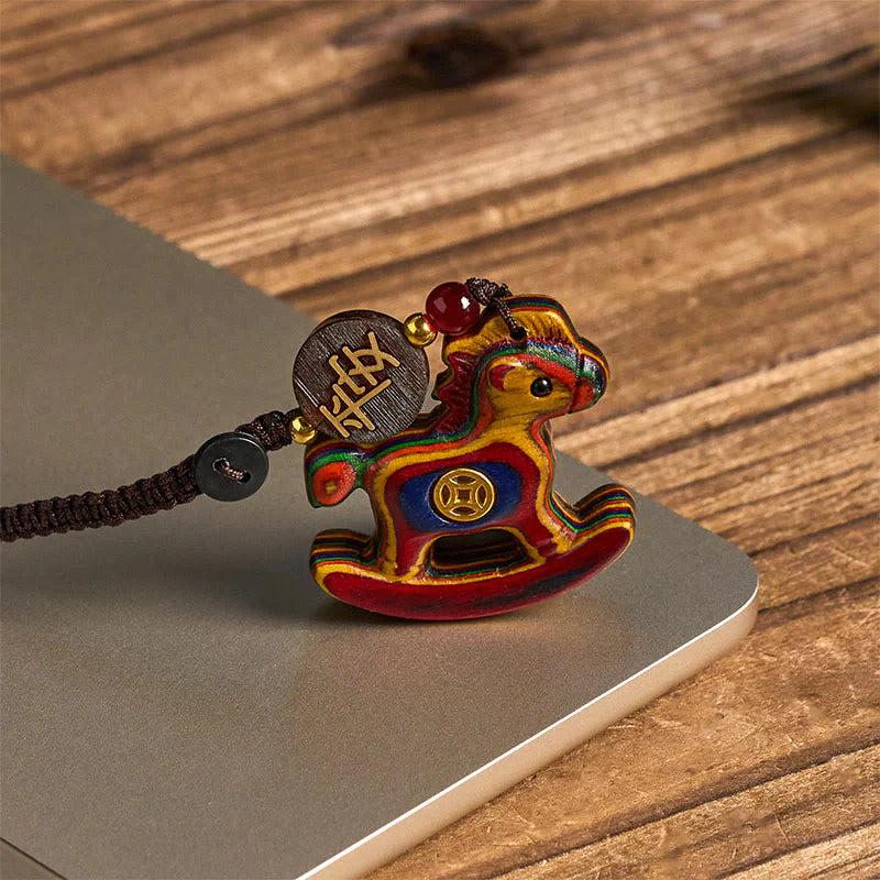 Buddha Stones Year of the Horse Rainbow Eucalyptus Small Leaf Red Sandalwood Linden Wood Ebony Carved Positive Key Chain